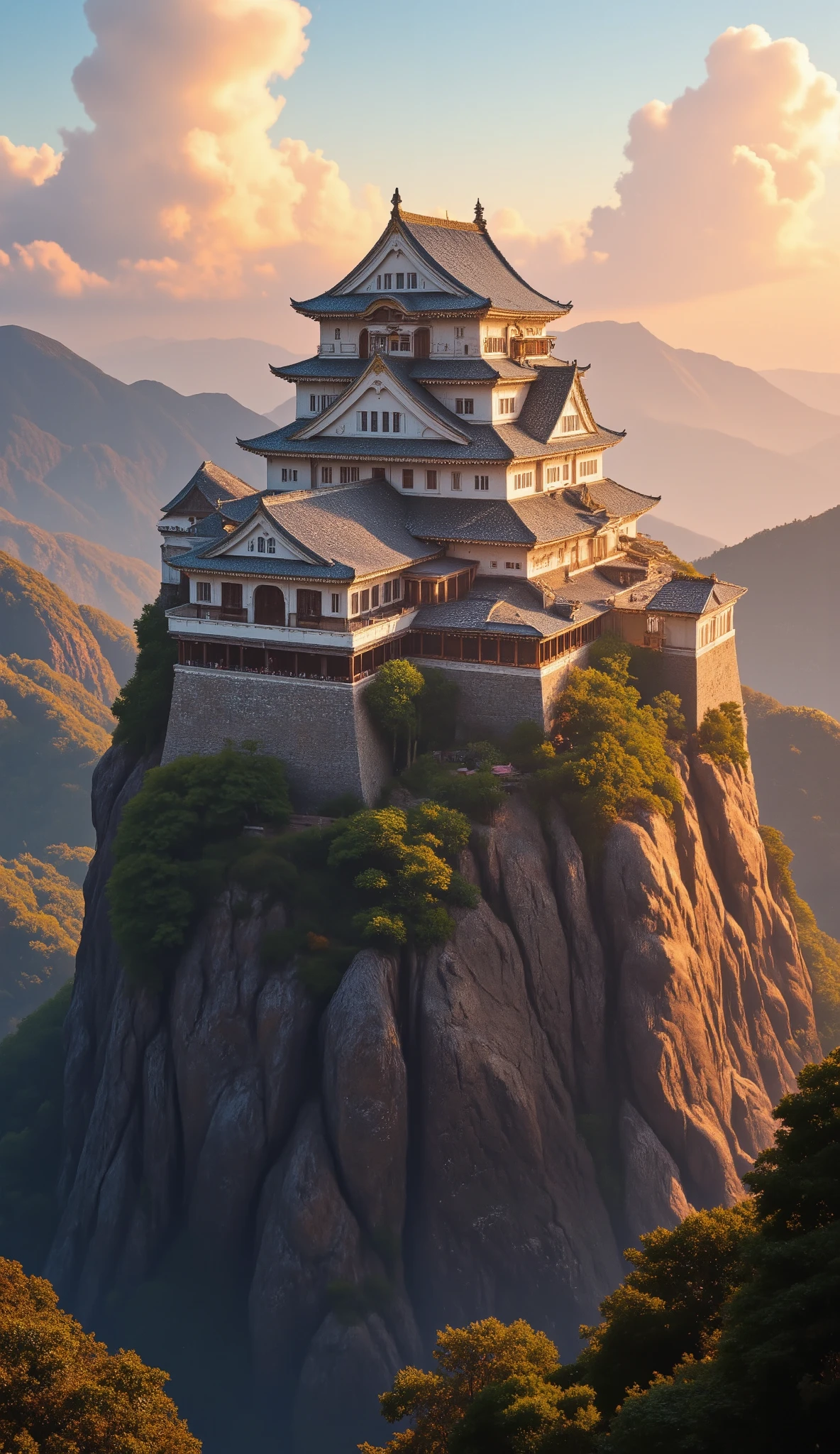 high resolution images、(Mountainの上の日本の城)Mountain々Castle architecture 、pictures of Takeda Castle in Harima、picturesque background、Digital image 、Ancient castle shining in high resolution background、 Dreamy Castle 、非常に詳細なDigital image 、HIGH RESOLUTION DIGITAL PAINT、Castle town scenery below。