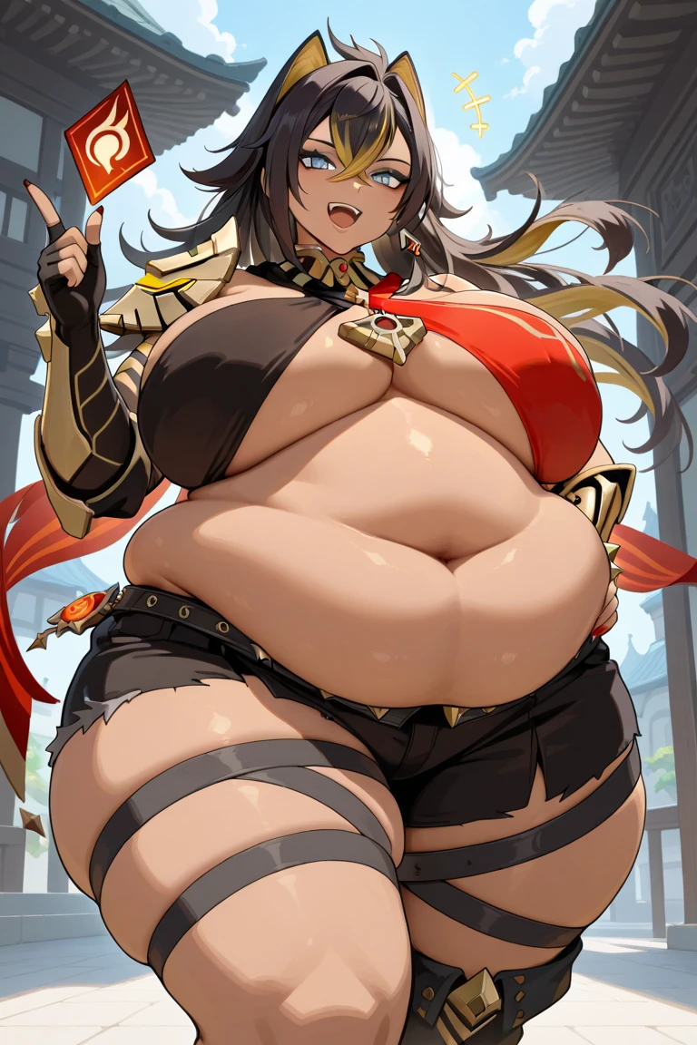 best quality, masterpiece, highres, solo, {dehya_genshin:1.15}, multicolored_hair, long_hair, bangs, blue_eyes, streaked_hair, dark-skinned_female, dark_skin, blonde_hair, black_hair, hair_between_eyes, jewelry, crossed_bangs, halterneck, earrings, animal_ears, breasts, criss-cross_halter, smile, brown_hair, navel, big stomach, hair_intakes, 1 mature female, looking_at_viewer, midriff, gloves, massive_breasts, black_gloves, fingerless_gloves, bare_shoulders, ((big belly, massive belly, chubby)), ((holding big sword, thick sword)), ((((fighting bandits)))), ((((bandits in background, people in background))))