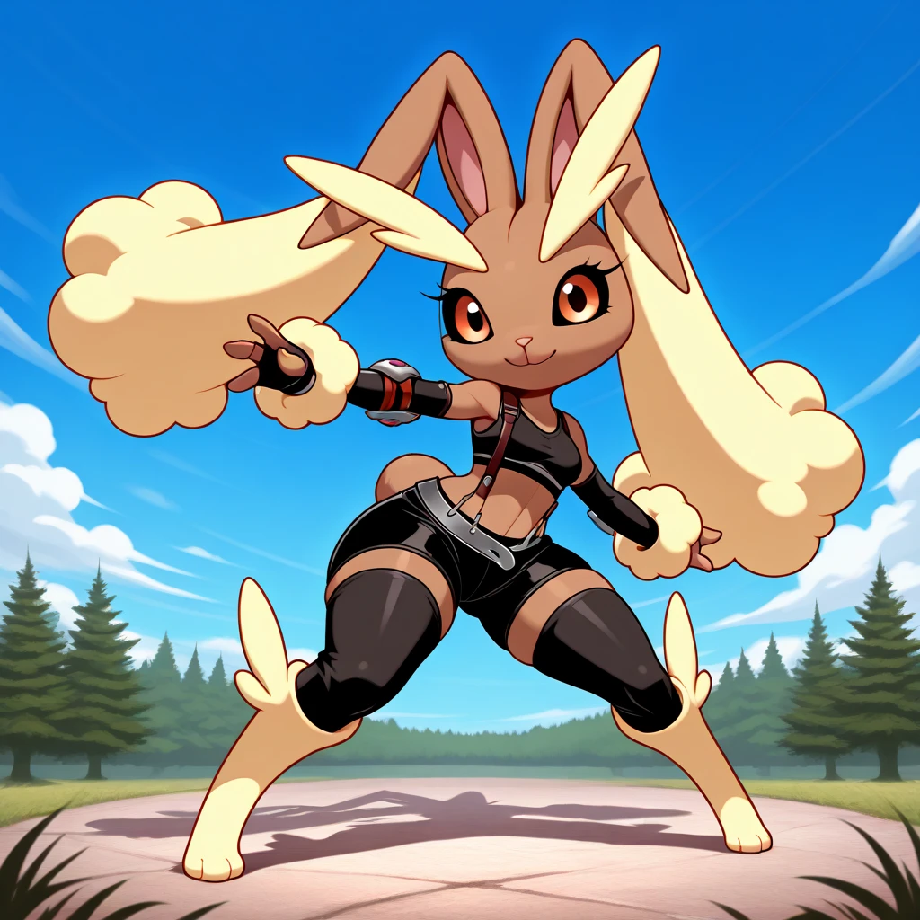 lopunny, furry, :3, rabbit ears, <lora:lopunnyPokemon_v1:1>, Beautiful Art Style, 1girl, young woman, looking at viewer, fetching, corn maze, arm at her side, fitness costume, twitch emoji, <lora:twitchEmotesLORA_v13:0.7>,