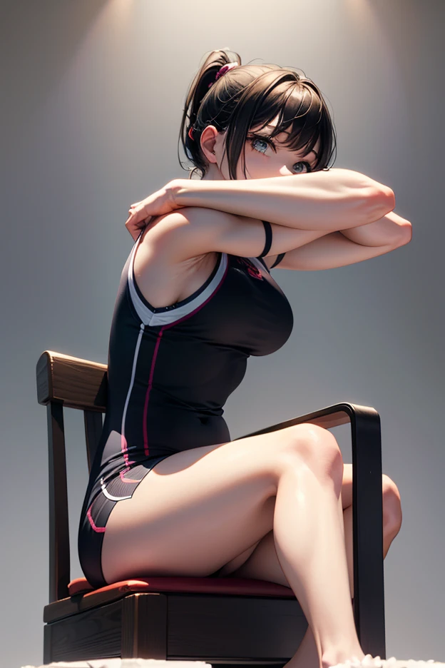 Slender, pretty high school girl who lost a mixed martial arts match in the ring, hands on knees, eyes closed, mouth open, out of breath, exhausted, short black hair, covered in sweat, small breasts, sports bra, open finger gloves 