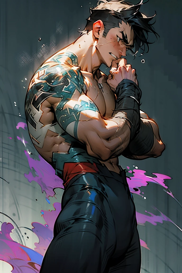 (Masterpiece, Best quality, 1 boy, 8k, ultra-detailed, ((bust shot)), (from side, looking away, worm eyes, thin lips), (1 boy, solo), Young, (teenager), (Dark Short straight hair, under cut, brown eyes), Shirtless, topless, ((gauntlet))), (Depth of field:1.2), (Abs, chest, upper arms, fararms, shoulder), (topless male), man with martial arts stance, athletic body, (background: white), dynamic pose