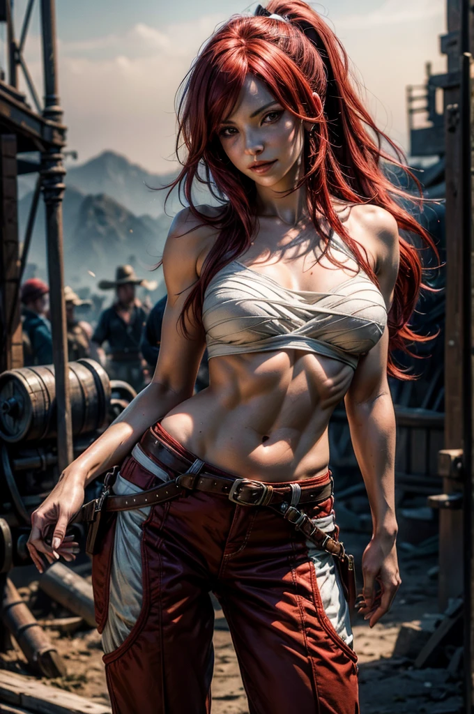 (masterpiece, best quality)
1girl, AloyHorizon, solo, long hair, red hair, redhead, brown eyes, jewelry, closed mouth, smiling, standing, full body shot, in denim jacket, white croptop, denim shorts, braid, cowboy shot, ballroom setting, red hair, day, necklace, lips, looking to the side, fur trim, feathers, realistic, nose, tribal, multiple braids, cleavage, big breasts, sexy pose,