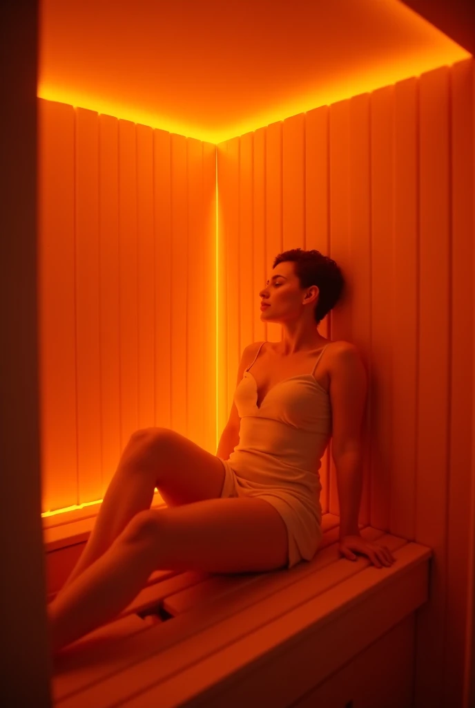 girl in sauna puts hands in mans shorts