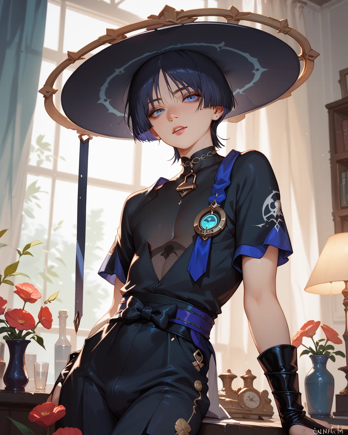 short-hair、gotik、Japanese Lolita、Hold the sword、Confetti、head phone、hotpants、Blue Flame、A picture that can be seen in its entirety Black boots Front-facing composition