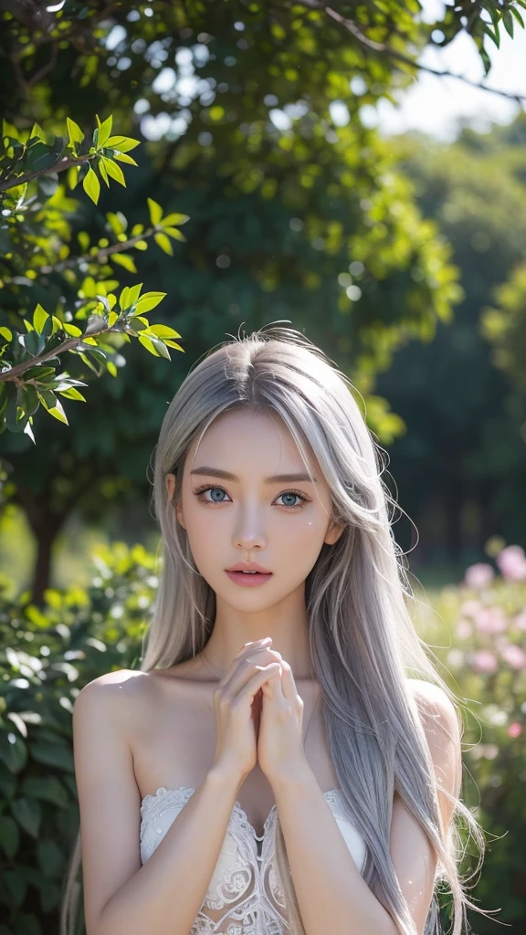 whole body、in the deep forest、18歳の大peopleのモデル、1people、ager, 一peopleで, aesthetic artwork, light blue eyes, white skin, small breasts, soft light, ((david hamilton style))、fine skin, 24mm, 4K texture, soft movie-like light, RAW photo, photorealism, realistic, Complex, elegant, very detailed, sharp focus, ((((cinematic look)))), soothing tone, insane details, Complex details, very detailed, low contrast, soft movie-like light,、Super cute white haired woman with dark theme、very real girl、looking far away,18才の大peopleの女性、北欧の白people女性、a flower ring decoration on the head、Roses、very body type、very slender body type、short torso、thin limbs、Super long beautiful white blonde hair、Silky white blonde hair、半透明のwhite skin、とてもwhite skin、輝くlight blue eyes、slender and perfectly beautiful body、Big eyes、eyes wide open、bloodless lips、whole body、Front view、complete nudity、very small breasts、 tight waist、very small butt、Pale pubic hair、thin legs、no bra、no panties、exposed shoulders、exposing breasts、exposing nipples、exposing belly、exposing buttocks、thin pubic hair、exposing thighs、highest quality, 8K, fine skinの質感, beautiful detailed face, detailed eyes、detailed nipples、暗いin the deep forest、There is a thick morning fog around、sitting at the base of a large tree、laughing、Have fun、happy feelings、legs spread a little、quiet and calm pose、model pose、very anatomically correct body、one body、two hands、2 legs、one head、complete nudity、no panties、whole body、from right in front、