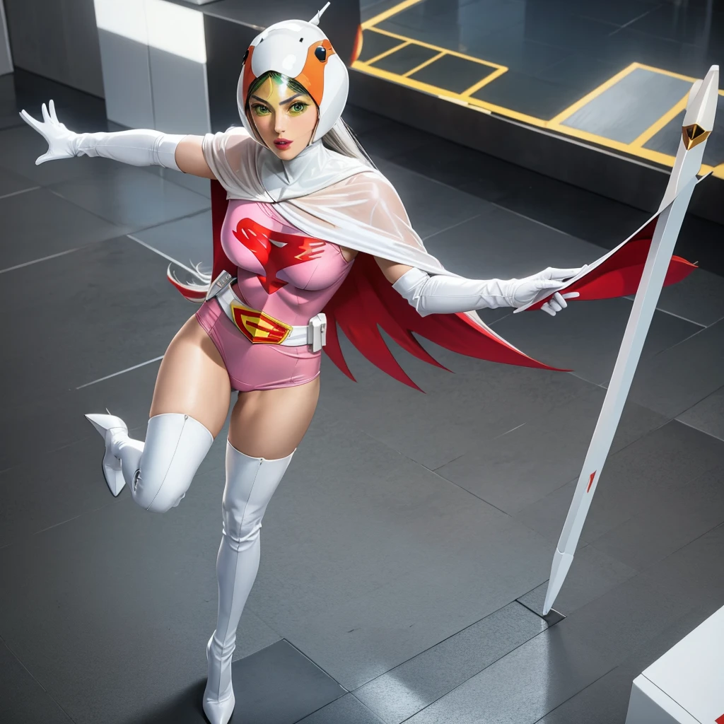 ANI_CLASSIC_jun_gatchaman_ownwaifu,1girl, 15 years old,good anatomy, masterpiece, best quality,realistic, hyperrealistic, 16k hdr,breasts,green eyes,lips,large breasts,lipstick,makeup,gloves,cape,helmet,belt,elbow gloves,white gloves,mask,ultra miniskirt,leotard,spacesuit,white tight overknee highheels boots,pink dress,superhero,bodysuit,cleavage,erected nipples,((jumping poses)),cameltoe