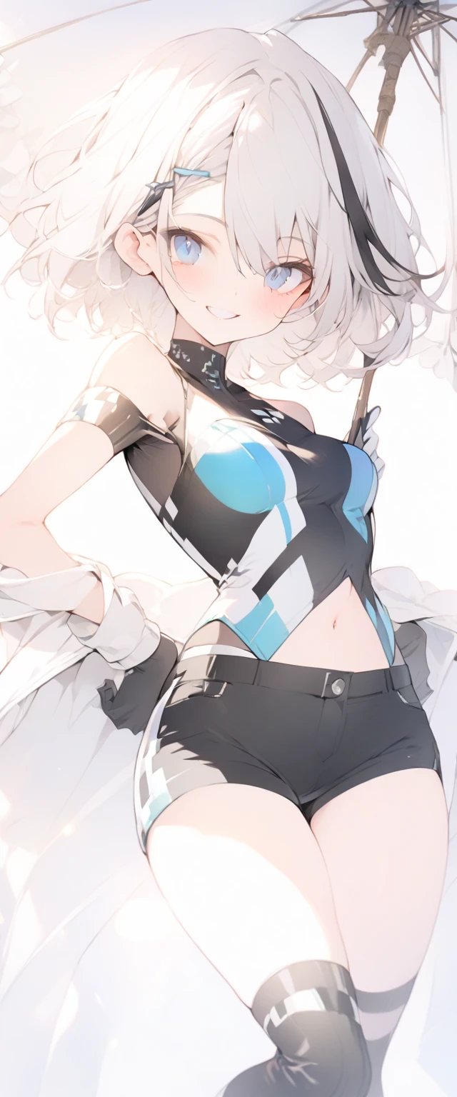 beautiful, masterpiece, Highest quality, anime, One girl, C Cup,Portrait Shot, View your viewers, Covered、Short Hair、nearby、Blue Eyes、art、、White hair,Blue streaked hair、wallpaper、hairpin、Thighs、navel、Floating sci-fi hair accessories、Sci-fi knee-high boots、Cute、Torn sci-fi underskirt、Torn sci-fi combat uniform、Embarrassed