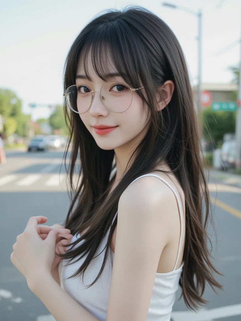 Create an ultra-realistic image of a 21-year-old Japanese woman named Kotone wearing glasses. She has extremely long, perfectly straight black hair that flows down to her waist, with blunt bangs that cover her forehead. Her eyes are large and have double eyelids with black pupils, giving them a captivating and youthful appearance, enhanced by the glasses she wears. Her face is delicate and innocent, with very thin eyebrows. Kotone's skin is smooth and flawless, resembling snow in its pure white color. She has a slender and well-proportioned body with a shapely bust size of 95 cm, a height of 158 cm, a weight of 43 kg, an ideal waist size of 58.46 cm, and an ideal hip size of 86.73 cm. Her complexion is flawless, without any wrinkles, and her natural makeup enhances her features subtly, maintaining a fresh and youthful look. She embodies a perfect balance of youthful charm and mature elegance, with a cute and innocent smile that adds warmth and affection to her appearance.

Kotone should be depicted facing forward, with her body positioned to emphasize her front. Her long black hair should flow naturally over her shoulders, framing her face and upper body. She is wearing stylish glasses that add an intellectual charm to her appearance. Her pose should be confident and relaxed, with her arms gently at her sides or holding a small accessory. Her expression should be warm and inviting, with a friendly smile that captures her youthful charm. The lighting should be soft and natural, focusing on her front and emphasizing the smoothness of her skin and the delicacy of her features, creating a sense of depth and realism. The background should be simple and neutral, ensuring that every detail of her appearance and the glasses is highlighted.

