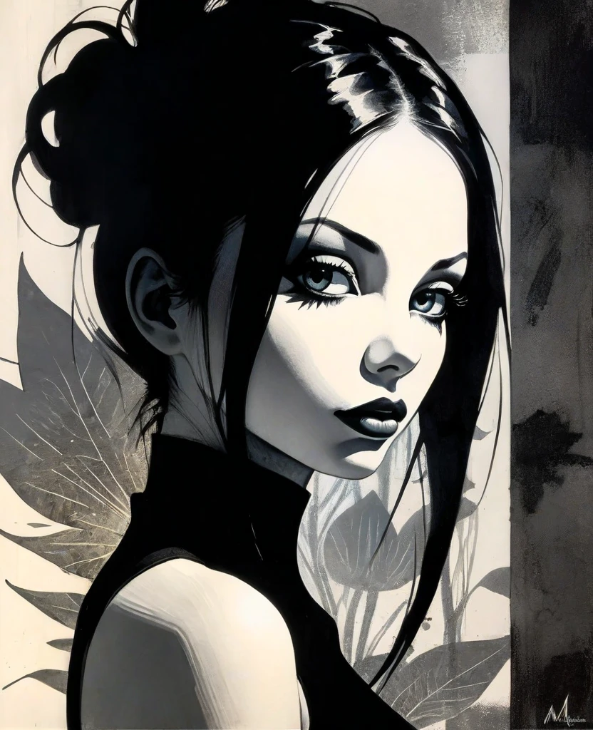 girl with long black hair, in a miniskirt, bare breasts, very sexy, black and white image (((holds a sign with the text: "END"))) (simple oil painting in a style to Bill Sienkiewicz)
