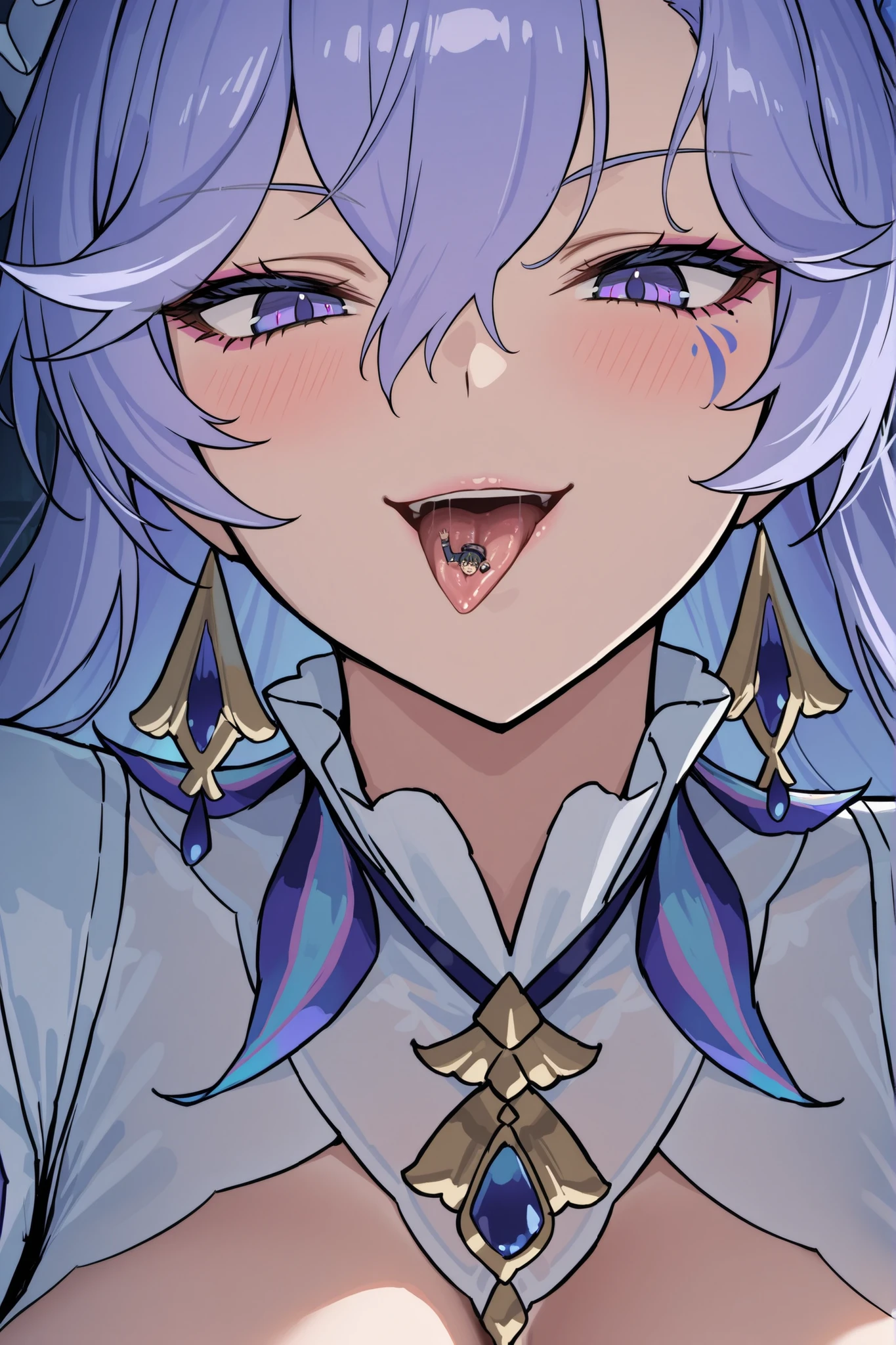 masterpiece, best quality, high quality, detailed, ultra detailed, hyper detailed, insanely detailed,giantess,vore, imminent vore,(((close-up mouth))),cantarella\(wuthering waves\),breasts,long hair,facial mark,white dress,purple eyes,hair ornament,purple hair,cleavage,(naughty smile,salva, looking at viewer ,tongue out ,imminent vore,miniboy in her mouth,a tiny boy in her mouth,detailed tiny boy),prison,dark room,nsfw