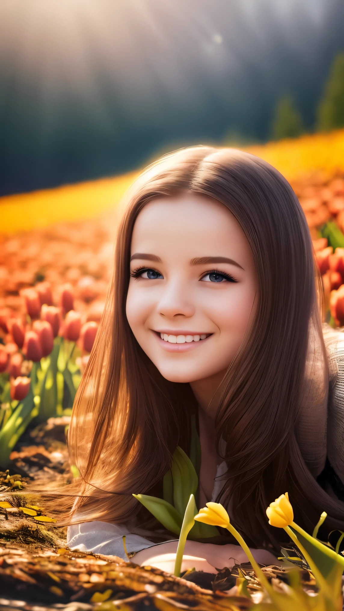 high image quality画像では(Extremely Attractive Unity 8k wallpaper),images of autumn leaves in forests and rivers,Thick Fog,Award-Winning Photos,color difference, including, high image quality, Pink tulips in full bloom, high-resolution flower fields popular on ArtStation、Attractive conditions that became a hot topic in cloudscape art、Distant snowy mountain background。