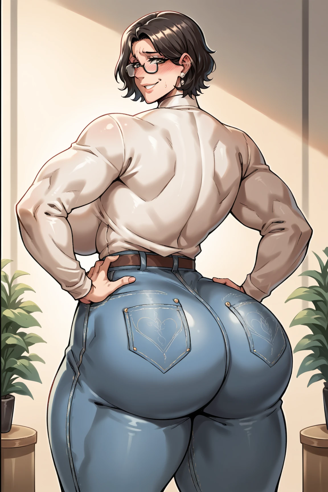 (Masterpiece, Best Quality, High Quality:1.4), (professional artwork, extremely detailed girl:1.0), 8k, detailed eyes, perfect face, 1girl, (voluptuous, mature female, large lips:1.2), wide hips, thick thighs, heavy makeup, top heavy, bursting breasts:1.4), (skindentation, long eyelashes, dark eyeshadow, looking at viewer, bright eyes, close up, tank top, tattoo, tattoos, biting lip, crazy smile, crazy eyes, from behind, huge ass, smug smile, pants pulled down, panties, muscular arms