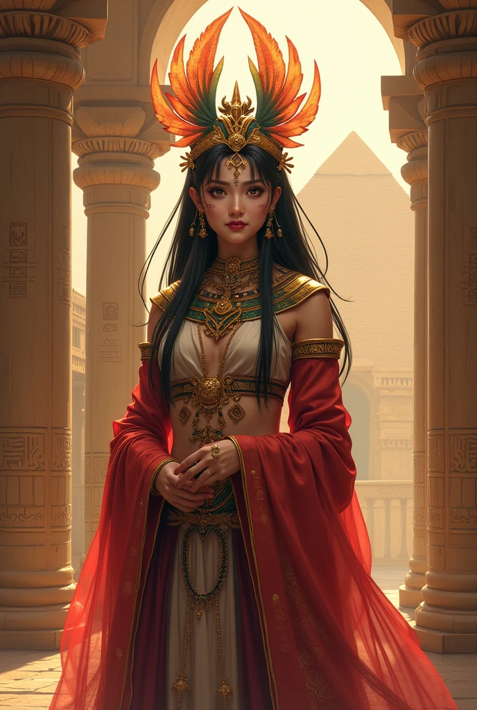 Arte Inspirada John Buscema, uma mulher, nativa do povo Asteca, Wearing traditional clothes and jewelry for festivities, sua sensualidade transparece por todo seu corpo.Full body standing near an Aztec temple