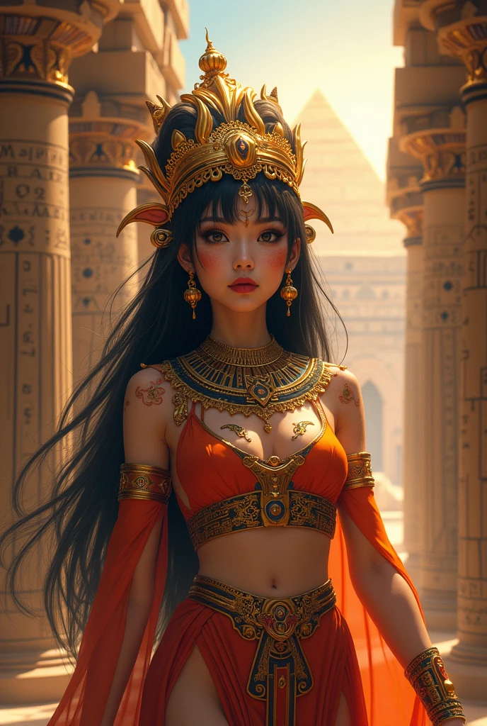 An enchanting portrayal of an Egyptian queen in her opulent palace, bathed in warm golden light, wearing an ornate headdress and flowing robes adorned with intricate hieroglyphic patterns, her eyes exuding wisdom and power, surrounded by flickering candles and exotic perfumes, the air filled with an aura of mystique and regality, Artwork, digital painting on canvas, capturing every intricate detail with brush strokes, --ar 16:9 --v 5