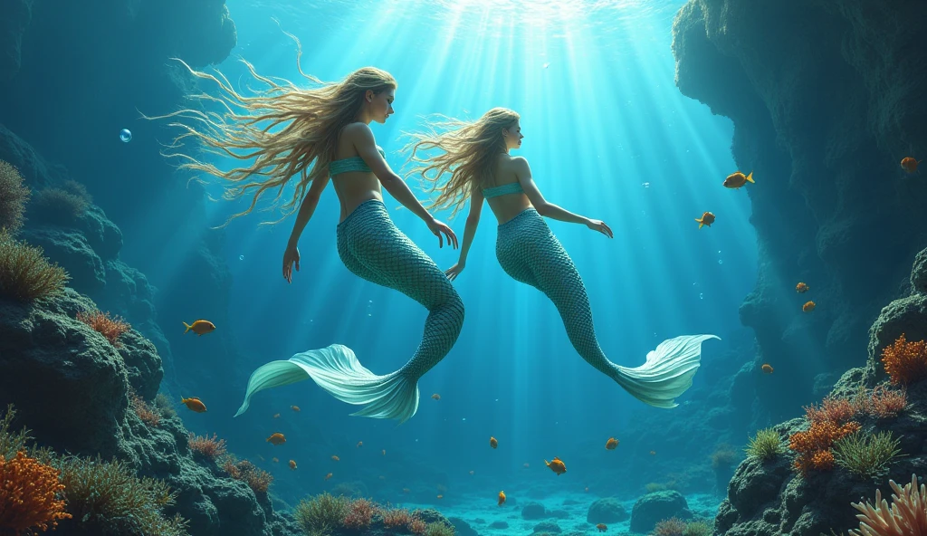 Beautiful mermaids swimming under the sea with fins passing through a giant yellow ring fish swimming in the water 8k quality