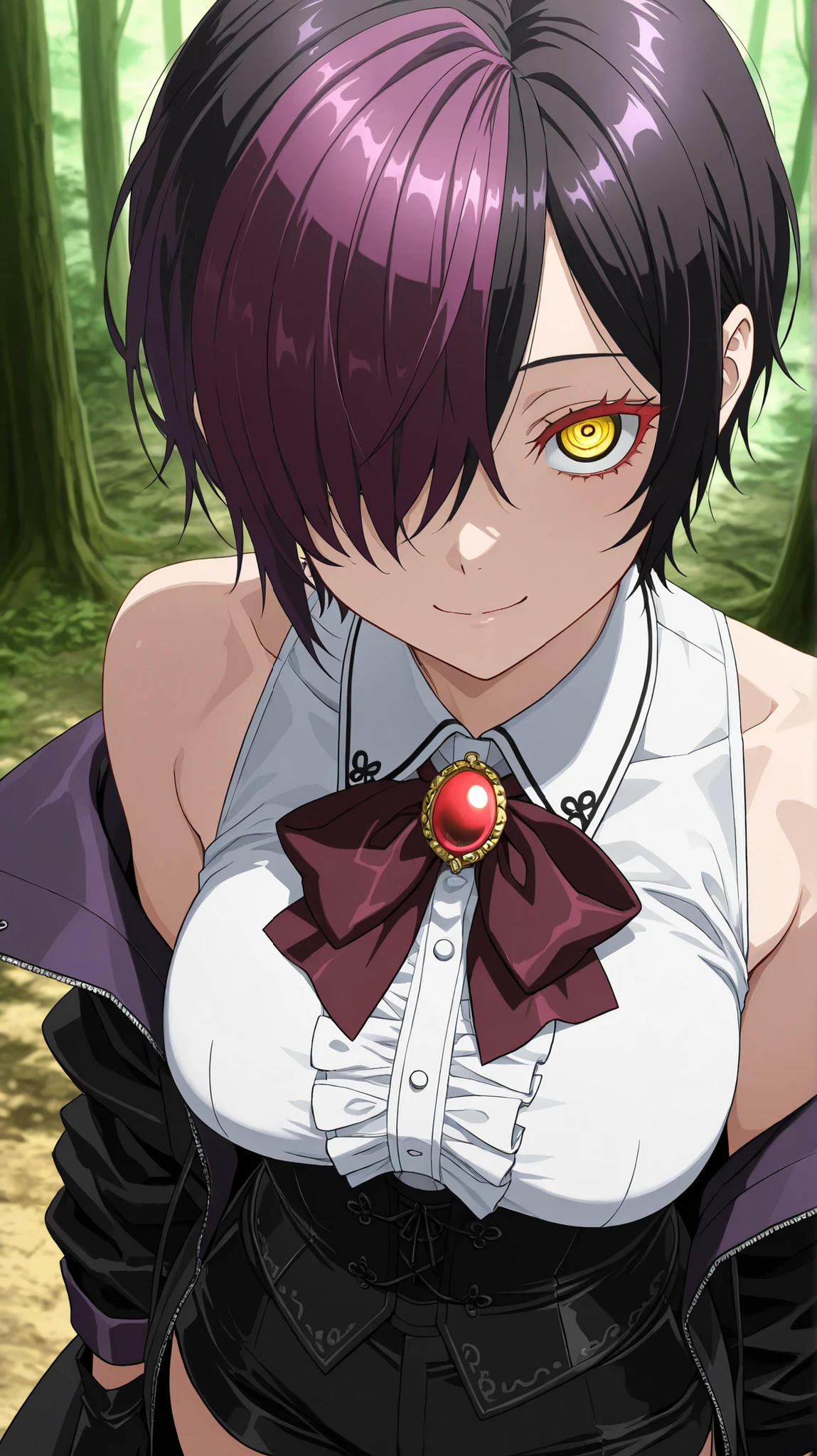 nihiro ,ishura
High quality , best quality , masterpiece, High Resolution , anatomically correct,anime Coloring
Detailed hair color(LoRA:nihilo), Detailed Hairstyle(LoRA:nihilo)
1girl,solo, Cool woman, adult
, black hair, purple hair, streaked hair (hair over one eye ,purple hair,),hair over one eye, yellow eyes, red eyelashes, short hair, breasts
, white collared shirt, sleeveless, off shoulder, black open coat, center frills, wine bowtie, red brooch, black corset, black short shorts, black gloves,
looking at viewer , close-up,upper body,from above
, Forest,,
, expressionless, seductive smile,crazy eyes