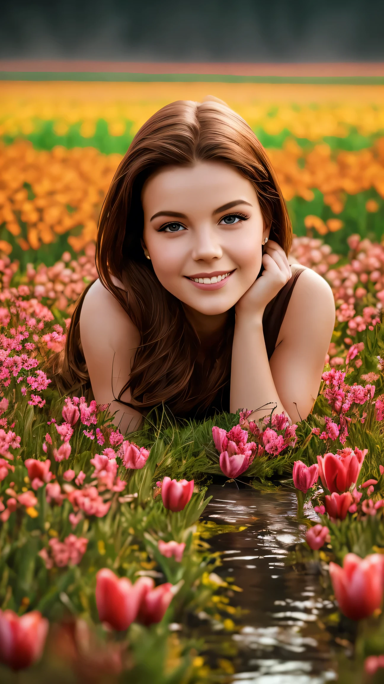 high image quality画像では(Extremely Attractive Unity 8k wallpaper),images of autumn leaves in forests and rivers,Thick Fog,Award-Winning Photos,Color Difference, including, high image quality, Pink tulips in full bloom, high-resolution flower fields popular on ArtStation、Attractive conditions that became a hot topic in cloudscape art、Distant snowy mountain background。