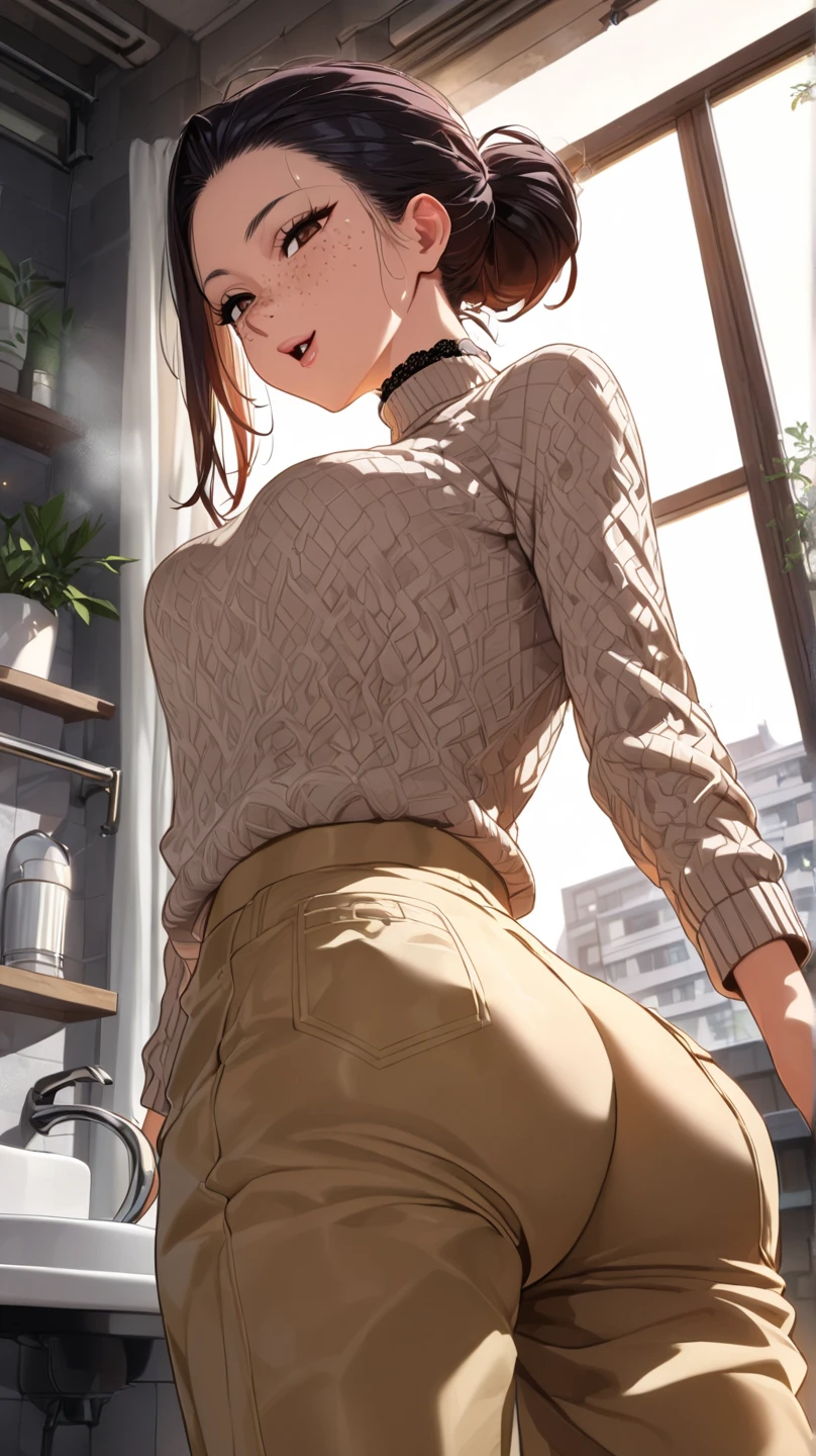 ((highest quality, 8K, masterpiece: 1.3)), 1 girl, (((20-year-old))),slim, brown haired, medium bob, big: 1.2, white shirt、red skirt、(super slender face, delicate eyes, double eyelid, smile: 1.0), (Breast flick: 1.4), (butt: 1.0), back view、deep stoop、very big breasts、Cafe、many people behind、