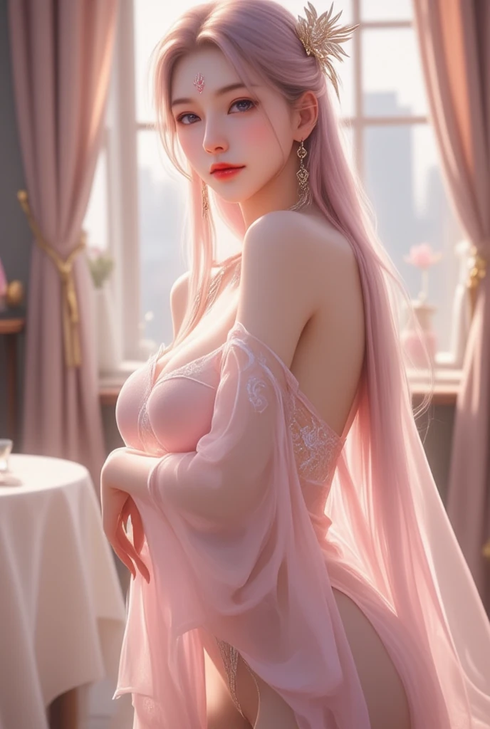 In the stunning illustration by Kayahara, a captivating girl is depicted with a radiant smile gracing her face. Her long flowy pink see through dress cascades around her upper body, adding an air of gracefulness to her demeanor. A vibrant red pendant hanging delicately around her neck catches the eye, complementing her elegant features. The illustration boasts ultra-realistic details, with each strand of her hair showcased in high resolution, displaying a silky luster under the soft lighting. The intricate red pendant is depicted in meticulous detail, its facets reflecting the light in a mesmerizing manner. The overall composition is a masterpiece worthy of being,nipple, bare breast