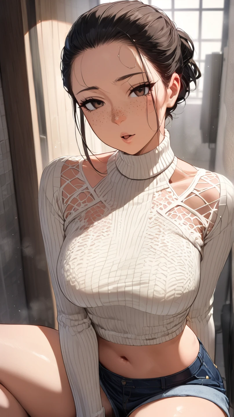NSFW、Sexy pose、Big Breasts、Beautiful thighs、(((黒ミニセータードレスturtleneck黒、turtleneck、Long sleeve、Black Micro Mini Sweater Dress)))、(white silk panties、Sexy lace pantieansuji)、(((Black Thigh Boots、Black women's long boots)))、(Black Hair、Medium Bob)、