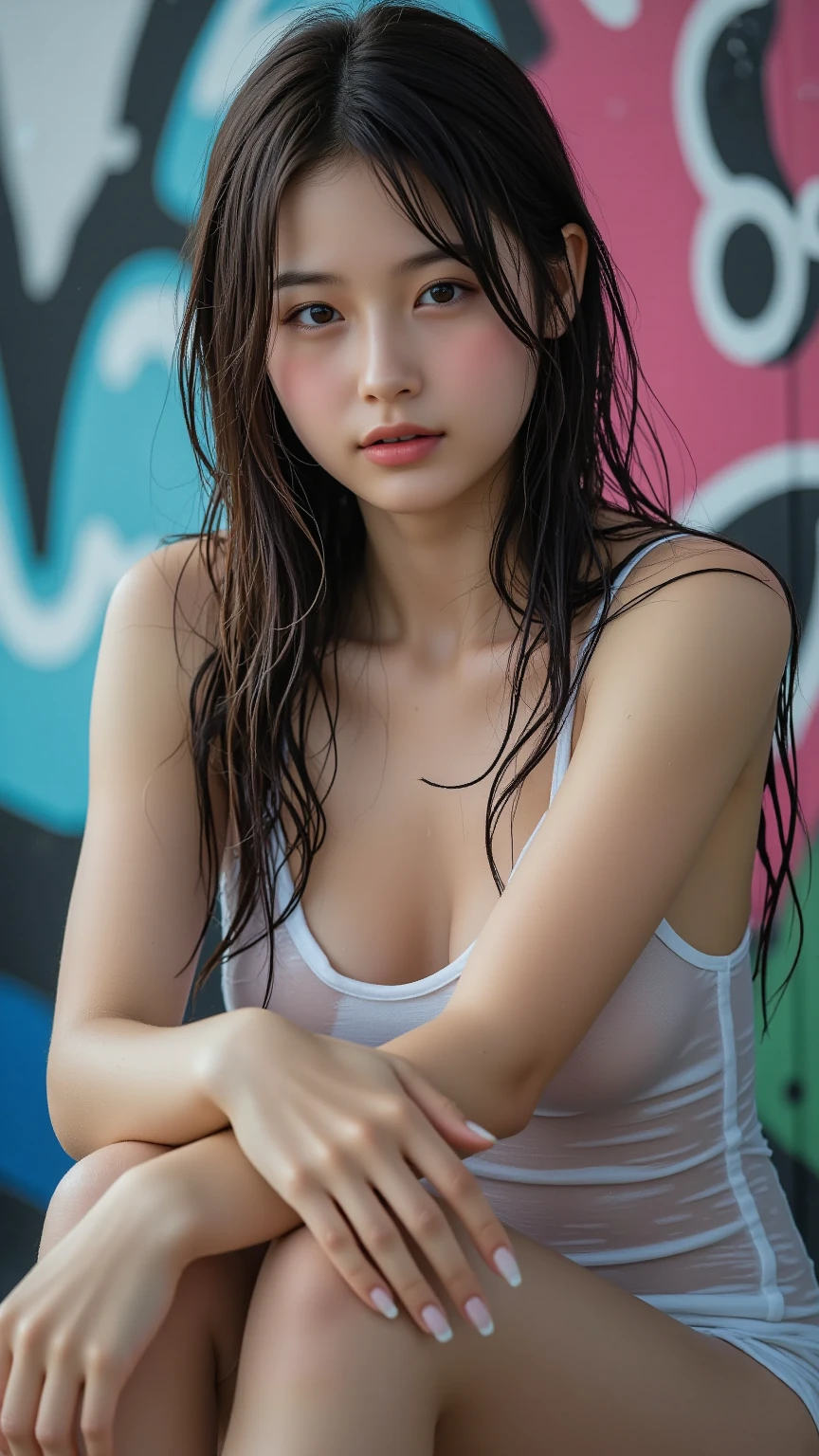 Best Quality, Masterpiece, Solo, __body-parts__, Kim Ji-ni Jennie Face, Ultra High Resolution, , Photos, 1 girl, white shirt, teardrops, (torn clothes:1.5), (wet clothes:1.4), bare shoulders, real rain, wet hair,..