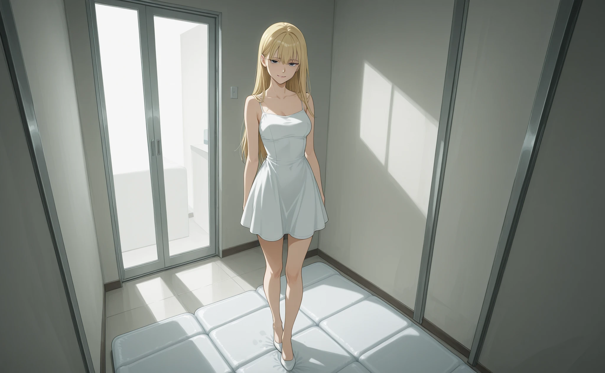 (A hyper-realistic), (illustratio), (hight resolution), (8K), (ighly detailed), (The best illustrations), (beautifully detailed eyes), (top-quality), (ultra-detailliert), (​masterpiece), (wall-paper), (详细的脸), 独奏, 1 girl in, looking at the viewers, finely detail, A detailed face, murky, pureerosfaceace_v1, A smile, A half body, Long legs in transparent invisible underwear, big breasts thin waist, s ass, Ultra-thin makeup, invisible clothes, Legs apart、sexy dress、Scandinavian face、a blond、Blue eyes、Beautiful face、Teenage girl、Expressive、Satin luster 、full body Esbian、Genital bite、 stand up、Beige underwear、The sheen、Nipple protrusions、The chest is、Golden cheongsam style、kawaii、Sexy dress figure、golden colored、Sexy standing figure、Golden dress