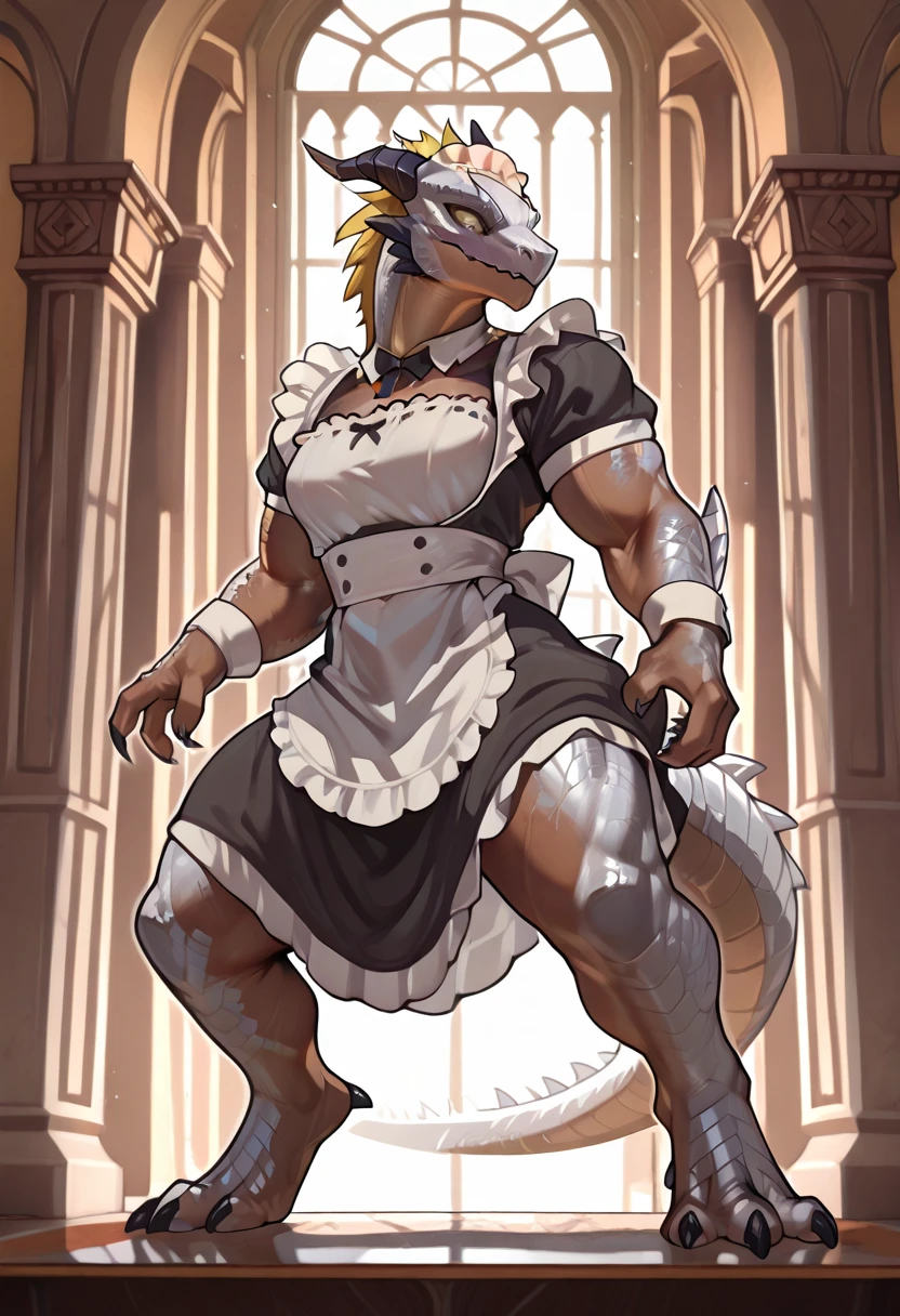 1 girl, blush, abs,, light smile,maid, rays, shine,muscular,(muscular female) , (masterpiece), dinosaur girl,realistic,claws