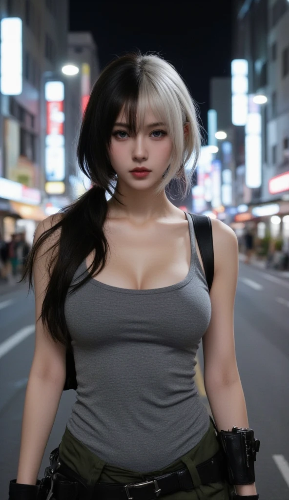 Urban beautiful girl college student, masterpiece, light makeup, red lips, silver hair, messy long hair, street background, beautiful, elegant. super fine details, master works, authentic texture, cinematic lighting realism, perfect job, 16K, hd, exquisite features,blue eyes、japanese idol、Beautiful Face、cute smile、brown hair、beautiful hair、ponytail、glamorous、perfect breasts、erect nipples、Oily muscle、shiny skin、white skin, glowing skin, bright big eyes, smooth skin, super sexy tank top, thin tank top
