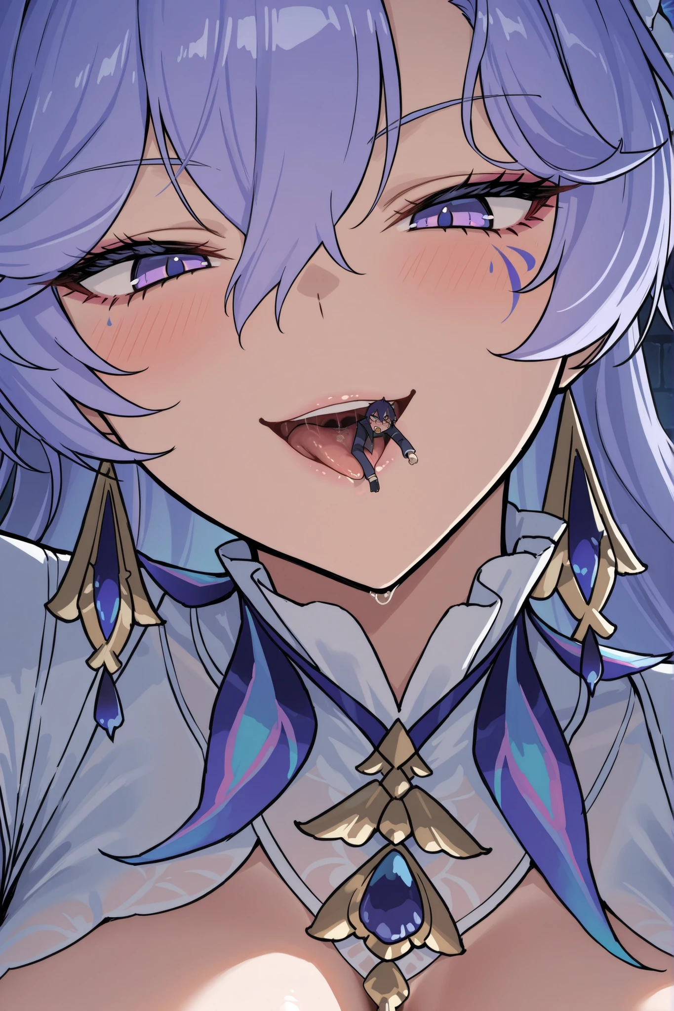 masterpiece, best quality, high quality, detailed, ultra detailed, hyper detailed, insanely detailed,giantess,vore, imminent vore,(((close-up mouth))),cantarella\(wuthering waves\),breasts,long hair,facial mark,white dress,purple eyes,hair ornament,purple hair,cleavage,(naughty smile,salva, looking at viewer ,tongue out ,imminent vore,miniboy in her mouth,a tiny boy in her mouth,detailed tiny boy),prison,dark room,nsfw