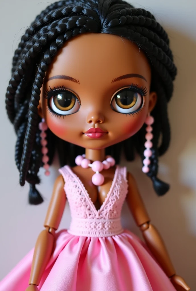 You create a Blythe Doll with medium-light black skin, very short black curly hair and black eyes 