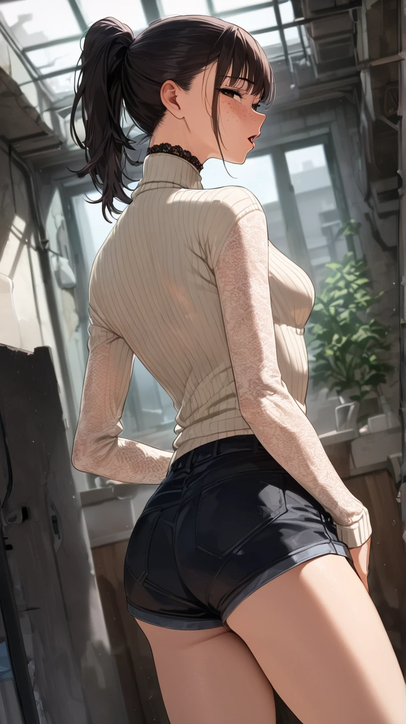(8k cg wallpaper,superfine illustration,Best Quality,Extremely detailed,超A high resolution,Best aesthetic),(Cowboy Shot),(Mature,Beautiful Girl,Cute Girl),(Beautiful black eyes,Beautiful black hair,Very short hair),(blush),((tall,flat-chest,Very small chest of drawers)),((Cross your arms behind your back)),((Bollieu:1.3,toppless:1.2,Expose your breasts,Breasts out)),(Sports Leggings:1.1),(yoga studio),(yoga:1.2)