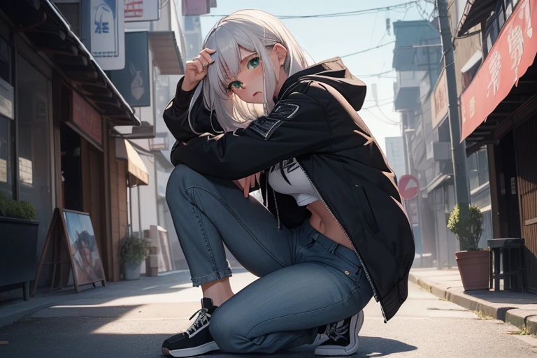 ((best quality)), ((masterpiece)), (detailed), 1 girl, Full body, 18 years old, Depressed face, Silver eyes, Dirty blanket covering her, Looking down, Pale, Silver hair, Long hair, Spiky hair, Bangs, Lock of hair covering her eye, Full body, Very small breasts, Thin body, Homeless, Somewhat dirty, Poor clothes, Gray t-shirt, Dirty thin coat, Dirty torn pants, Plush doll, Metal legs, Sitting, City background, Gray sky, Anime, Profile shot