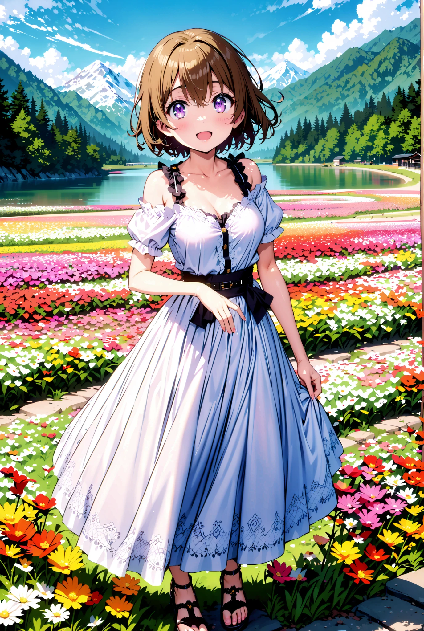 score_9, score_8_up, score_7_up, source_anime, Hanayo Koizumi, short hair, brown hair, purple eyes,Medium breast, White Off Shoulder Dress, white long skirt,Heeled Sandals,standing,smile,cover,opens her mouth,noon,Flower Field,Mountain,river,nature,full bodyがillustrationsに入るように,break outdoors,nature,,
break looking at viewer,full body,
break (masterpiece:1.2), of the best quality, high definition, Unity 8k 壁紙, (illustrations:0.8), (beautiful detailed eyes:1.6), Highly Detailed Face, so that it fits into the illustration, Extremely Detailed CG, (perfect hand, Perfect Anatomy),