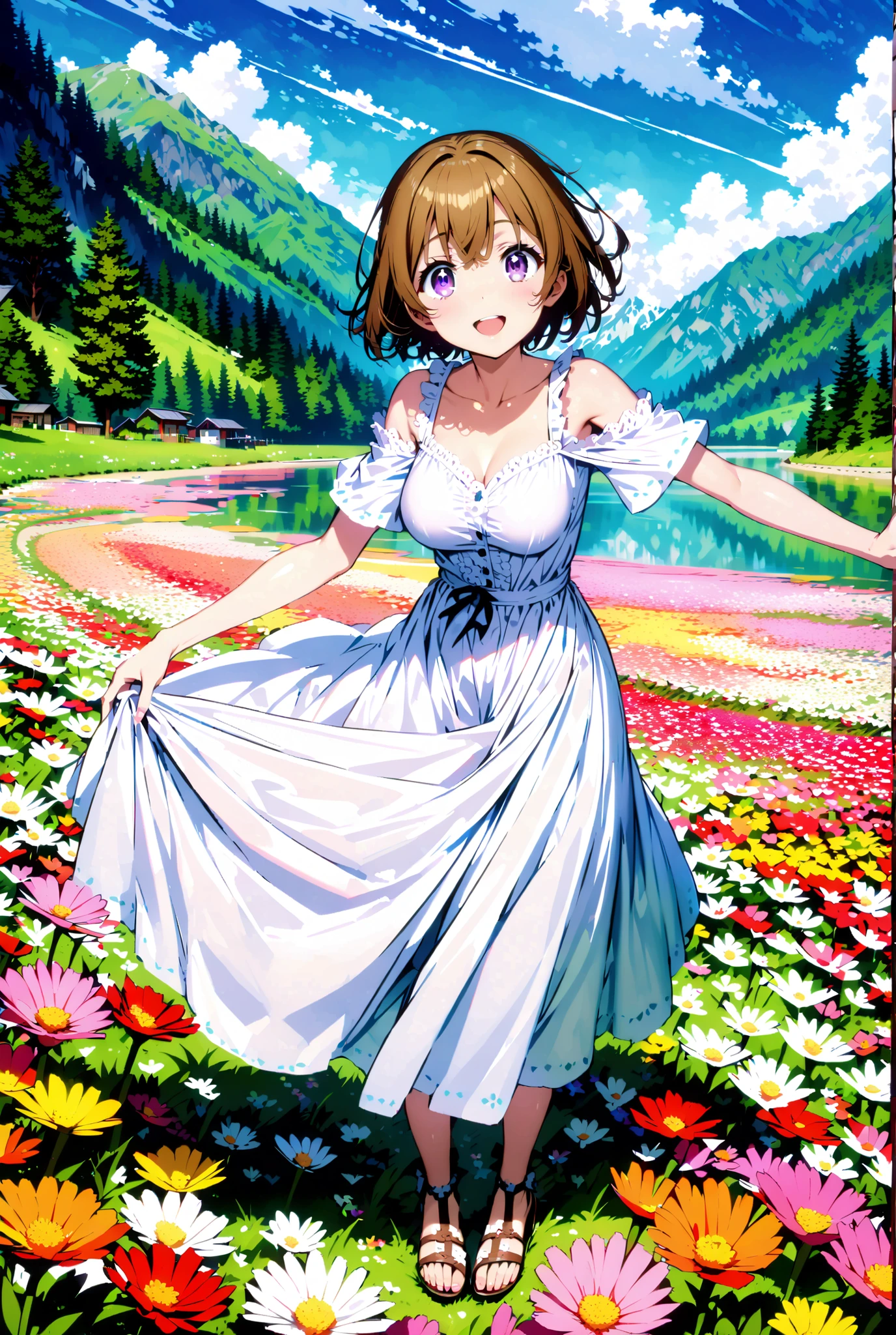 score_9, score_8_up, score_7_up, source_anime, Hanayo Koizumi, short hair, brown hair, purple eyes,Medium breast, White Off Shoulder Dress, white long skirt,Heeled Sandals,standing,smile,cover,opens her mouth,noon,Flower Field,Mountain,river,nature,full bodyがillustrationsに入るように,break outdoors,nature,,
break looking at viewer,full body,
break (masterpiece:1.2), of the best quality, high definition, Unity 8k 壁紙, (illustrations:0.8), (beautiful detailed eyes:1.6), Highly Detailed Face, so that it fits into the illustration, Extremely Detailed CG, (perfect hand, Perfect Anatomy),