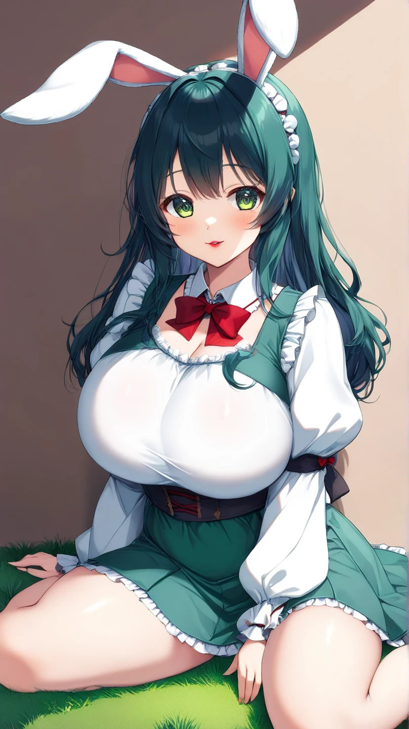 (8K, Best quality, tmasterpiece:1.2),\(eye detailed\),(\(Clothes detail details\)\),full bodyesbian,(huge tit),(Facial focus) ,Very detailed CG unity 8K wallpaper,hugefilesize,ultra - detailed,A high resolution,absurderes,beautidful eyes,Ray traching,dramatic shadow,finely detailled,Dramatic angles,Hyper-detailing,(1 girl:1.3),(Solo),,Mature female,Long hair black,Green eyes,Wearing(cosplaying_magical girl,very cute green dress with ruffles,Large Ribbon Bow Tie Back),