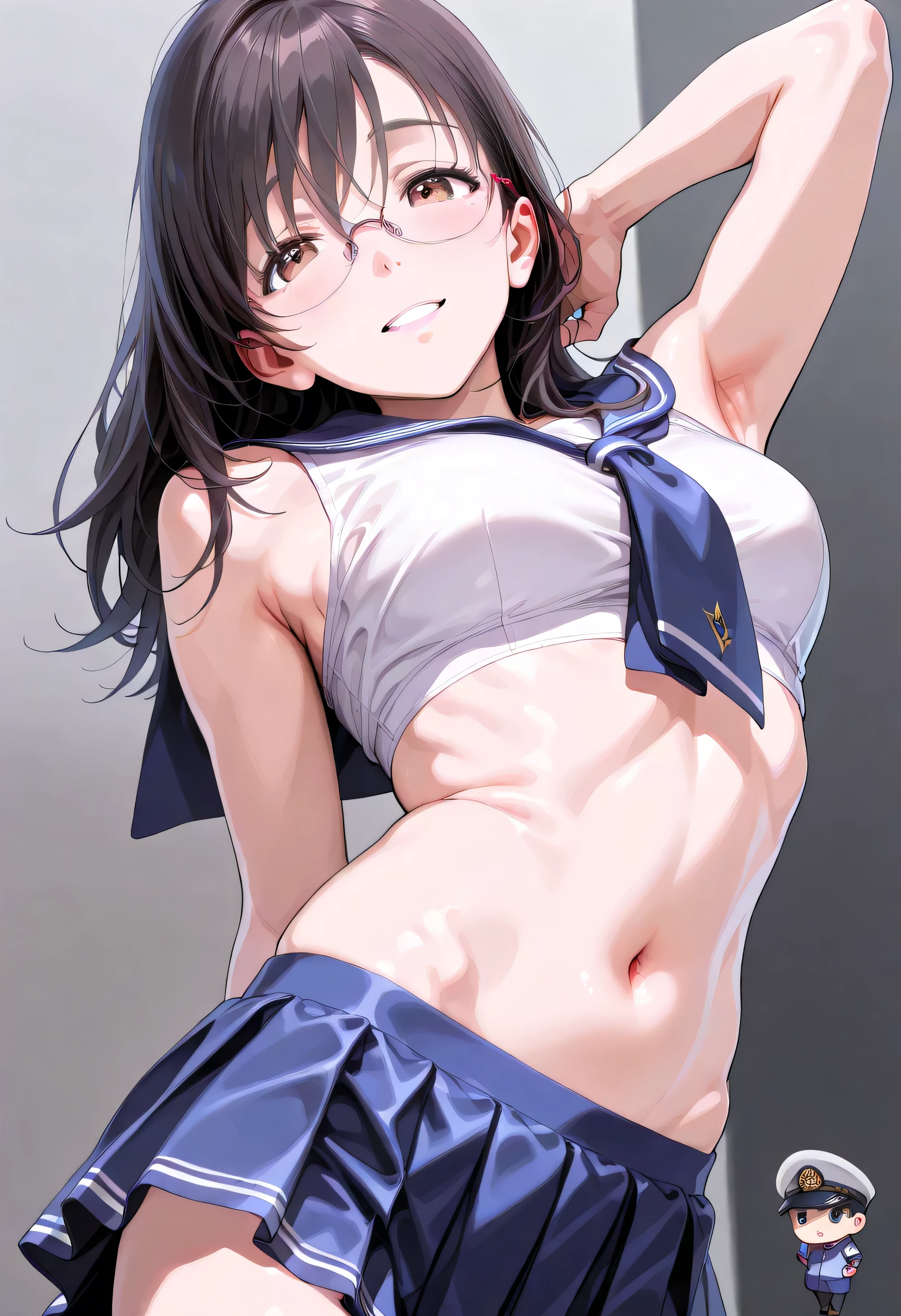 (ultra detail、Masterpiece、of the best quality、high definition:1.8)、high image quality、of the best quality、High definition picture quality 、Realistic woman、one girl、grey background、(Out立っている smile、open your mouth, laughs:1.2)、(curvy body:1.2)、belly button、black hair mixed with blond、short hair(Long nape、Long pile )、 Big Breasts、blue-toned sailor suit( skirt long)、pose、