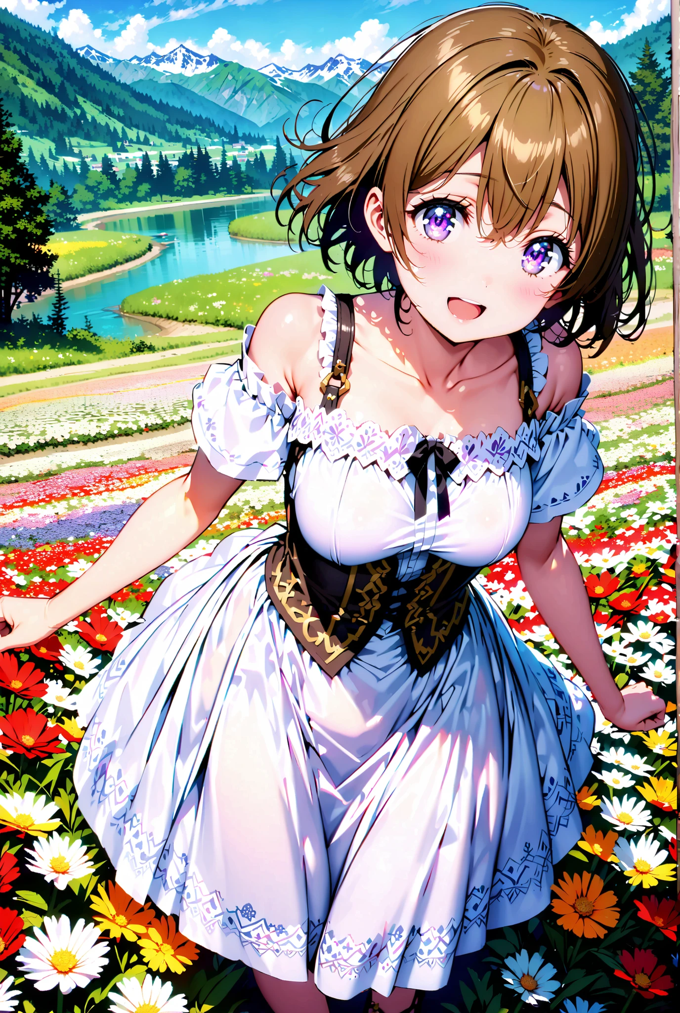 score_9, score_8_up, score_7_up, source_anime, Hanayo Koizumi, short hair, brown hair, purple eyes,Medium breast, White Off Shoulder Dress, white long skirt,Heeled Sandals,standing,smile,cover,opens her mouth,noon,Flower Field,Mountain,river,nature,full bodyがillustrationsに入るように,break outdoors,nature,,
break looking at viewer,full body,
break (masterpiece:1.2), of the best quality, high definition, Unity 8k 壁紙, (illustrations:0.8), (beautiful detailed eyes:1.6), Highly Detailed Face, so that it fits into the illustration, Extremely Detailed CG, (perfect hand, Perfect Anatomy),