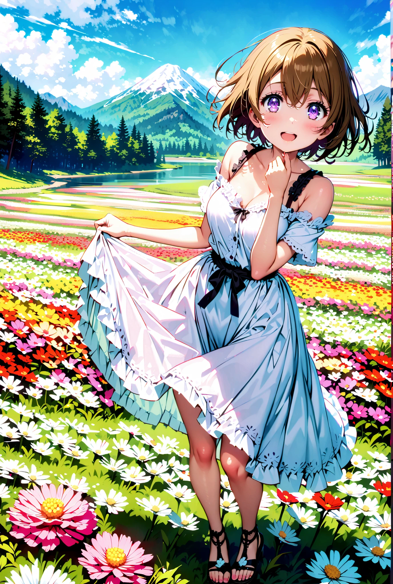 score_9, score_8_up, score_7_up, source_anime, Hanayo Koizumi, short hair, brown hair, purple eyes,Medium breast, White Off Shoulder Dress, white long skirt,Heeled Sandals,standing,smile,cover,opens her mouth,noon,Flower Field,Mountain,river,nature,full bodyがillustrationsに入るように,break outdoors,nature,,
break looking at viewer,full body,
break (masterpiece:1.2), of the best quality, high definition, Unity 8k 壁紙, (illustrations:0.8), (beautiful detailed eyes:1.6), Highly Detailed Face, so that it fits into the illustration, Extremely Detailed CG, (perfect hand, Perfect Anatomy),