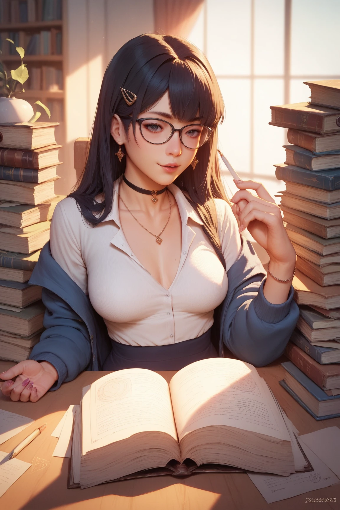 Arafed woman in sundress looking through books, wearing summer dress and glasses, in a libarary, vestindo jaleco e blusa, usando jaleco, beautiful dark hair girl, looking straight forward, background = library, full res, Myanmar Girl, sexy, full hot body, attractive, cute, in a library, beautiful, slim fingers, The camera is filming the student on one side, (topless:1.4), (unbuttoned:1.3), sexy, (small breasts:1.3)