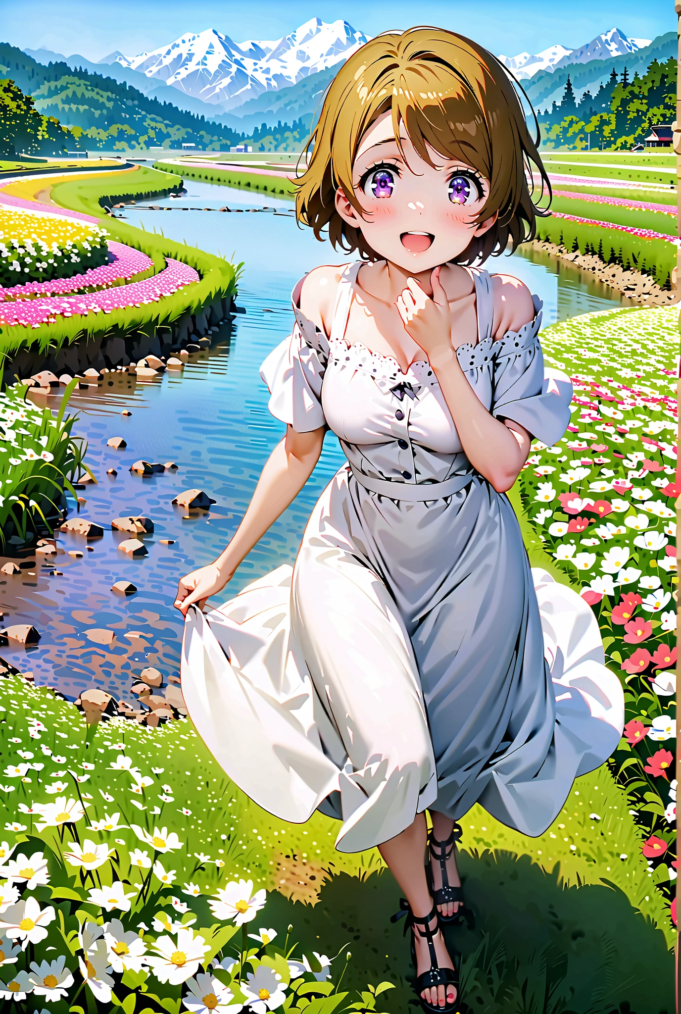 Hanayo Koizumi, short hair, brown hair, purple eyes,Medium breast, White Off Shoulder Dress, white long skirt,Heeled Sandals,standing,smile,cover,opens her mouth,noon,Flower Field,Mountain,river,nature,full bodyがillustrationsに入るように,break outdoors,nature,,
break looking at viewer,full body,
break (masterpiece:1.2), of the best quality, high definition, Unity 8k 壁紙, (illustrations:0.8), (beautiful detailed eyes:1.6), Highly Detailed Face, so that it fits into the illustration, Extremely Detailed CG, (perfect hand, Perfect Anatomy),