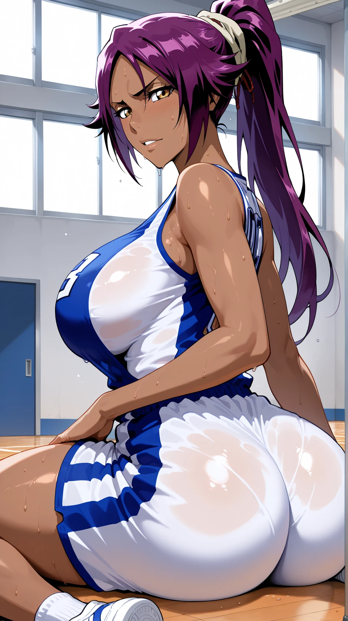1 female, Yoruichi shihouin (Bleach) , dark skinned female , purple hair female , big ass , big breasts , basketball outfit , sitting on the floor , looking at viewer , sweating , gymnasium background