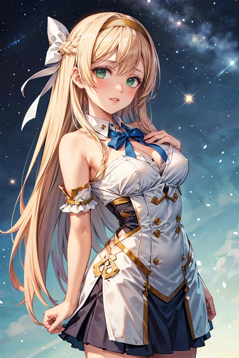 Beautiful, white shining skin, Blonde hair inner claret hair, Long bangs between the eyes, beautiful bangs, long upper eyelashes, Sexy and very beautiful, lovely, cute gorgeous face, the most beautiful face, Super long hair, smooth straight hair, slim big breasts, bright light blue eyes, beautiful cute girl, small face, cheek gloss highlight, Shiny highlights on cheeks, bright pupils, heart in eye, nose blush, happy, upturned eyes, heart hair ornament, crop top, off-shoulder jacket, sparkle