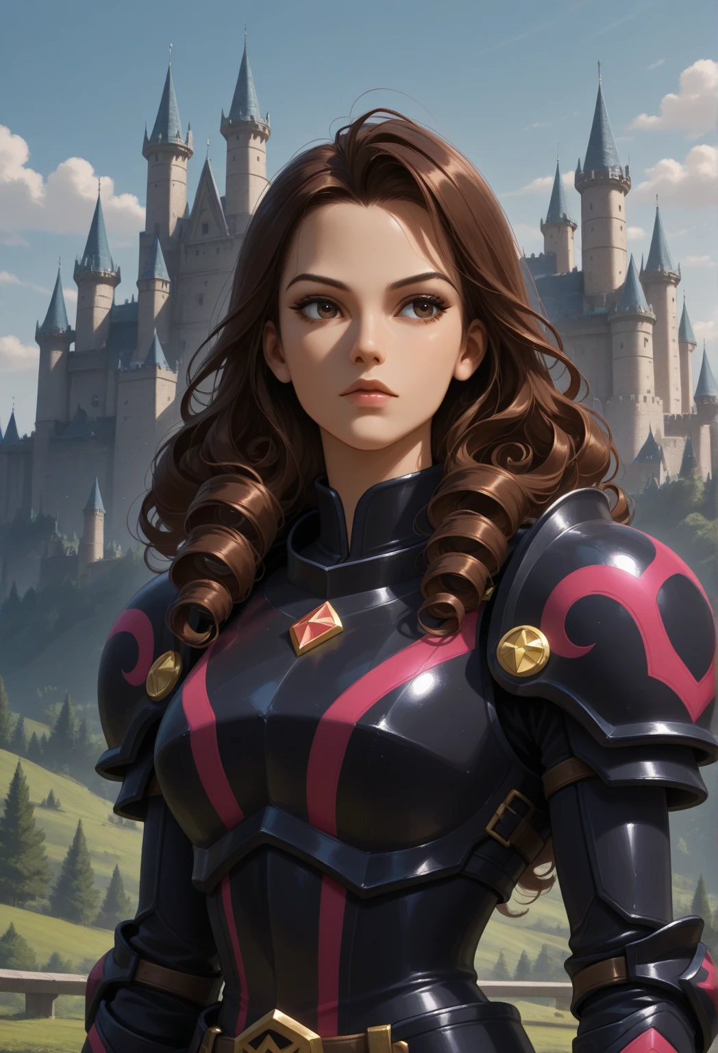 portrait of a girl, the most beautiful in the world, (medieval armor), metal reflections, upper body, outdoors, short hair, brown hair, sunlight, far away castle, professional photograph of a stunning woman detailed, sharp focus, , award winning, cinematic lighting