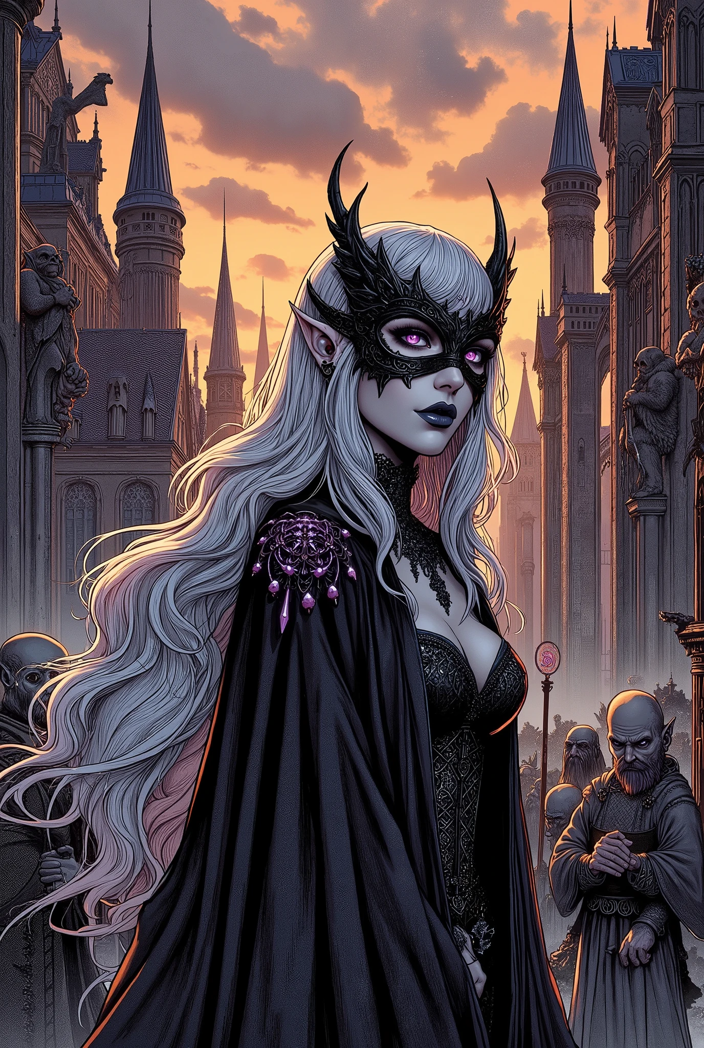 (Ultra-detailed face, Looking Away, Gothic Illustration, Dark Tone Colors.) , BREAK
(The space is a mixture of orange and purple. The sky is covered with gray clouds. Buildings stand tall and thin like thorns. Some towers are floating in the air. The exterior of the buildings is a dark, medieval Scandinavian stone structure with gargoyle statues attached menacingly to various parts of the building. All are rusted.) , BREAK
(With the royal palace in the background, a lady of the underworld floats in midair. Behind her, the inhabitants of the underworld are crowded, including gray-eyed humans, elves, dwarves, tieflings, hobbits, and mechanical artifacts. They are bent over the Lady.) , BREAK
(The Lady of the Underworld wears a Venetian mask, light gray very long wavy hair, dark gray skin, almond-shaped eyes, gray pupils, thick dark eyeliner around the eyes, and smoky makeup around the eyes.), (The Lady of the Underworld wears a shiny black bib necklace with a net covering her neck. She wears a very long robe of jet black, sewn together from several layers of torn cloth, and carries a staff with a swirl pattern of purple glowing thorns on the tip of the staff.)