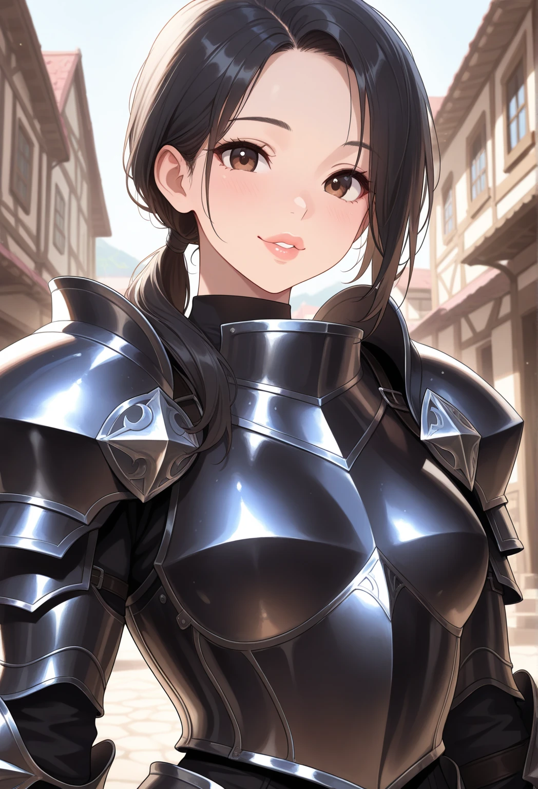 1girl, milf, caucasian, rofessional photograph of a stunning woman detailed, green eyes, perfect eyes, perfect iris, perfect pupils, perfect lips,perfect nose, perfect hands, very detailed hands, perfect fingers, BREAK, black hair, short hair, straight hair, (chignon hair:1.5) (medieval armor), metal reflections, (((silver armor))), (ornately decorated armor), chainmail, plate armor, BREAK, outdoors, far away castle, (insanely detailed, bloom:1.5), intense sunlight, cinematic lighting, blurry background, upper body, ((confident)), (Pose:looking at the camera), angry, scream, BREAK, (masterpiece, best quality),(extremely intricate:1.3), (realistic), sharp focus, award winning,