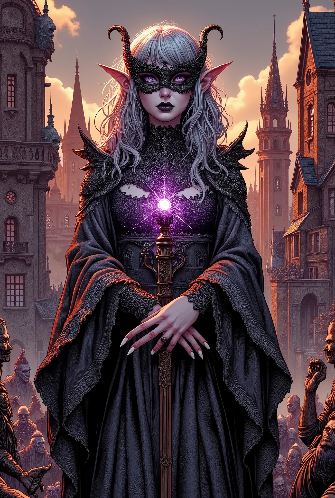 (Ultra-detailed face, Looking Away, Gothic Illustration, Dark Tone Colors.) , BREAK
(The space is a mixture of orange and purple. The sky is covered with gray clouds. Buildings stand tall and thin like thorns. Some towers are floating in the air. The exterior of the buildings is a dark, medieval Scandinavian stone structure with gargoyle statues attached menacingly to various parts of the building. All are rusted.) , BREAK
(With the royal palace in the background, a lady of the underworld floats in midair. Behind her, the inhabitants of the underworld are crowded, including gray-eyed humans, elves, dwarves, tieflings, hobbits, and mechanical artifacts. They are bent over the Lady.) , BREAK
(The Lady of the Underworld wears a Venetian mask, light gray very long wavy hair, dark gray skin, almond-shaped eyes, gray pupils, thick dark eyeliner around the eyes, and smoky makeup around the eyes.), (The Lady of the Underworld wears a shiny black bib necklace with a net covering her neck. She wears a very long robe of jet black, sewn together from several layers of torn cloth, and carries a staff with a swirl pattern of purple glowing thorns on the tip of the staff.)