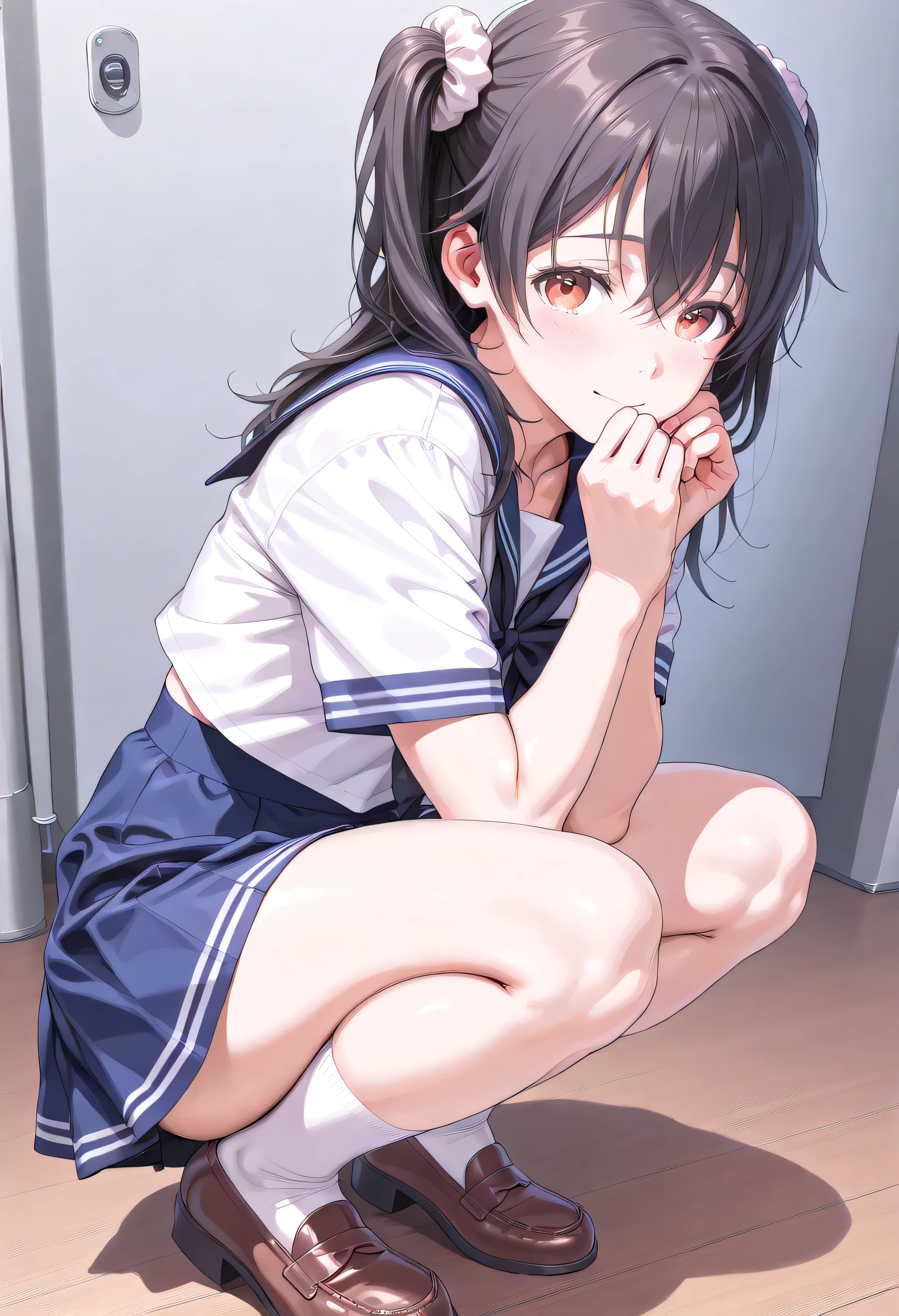 (ultra detail、Masterpiece、of the best quality、high definition:1.8)、high image quality、of the best quality、High definition picture quality 、Realistic woman、one girl、Outdoors、(Out立っている smile、open your mouth, laughs:1.2)、(curvy body:1.2)、belly button、black hair mixed with blond、short hair(Long nape、Long pile )、 blue-toned sailor suit( skirt long)、white high socks、 coin loafers 、 full body depiction、squatting、