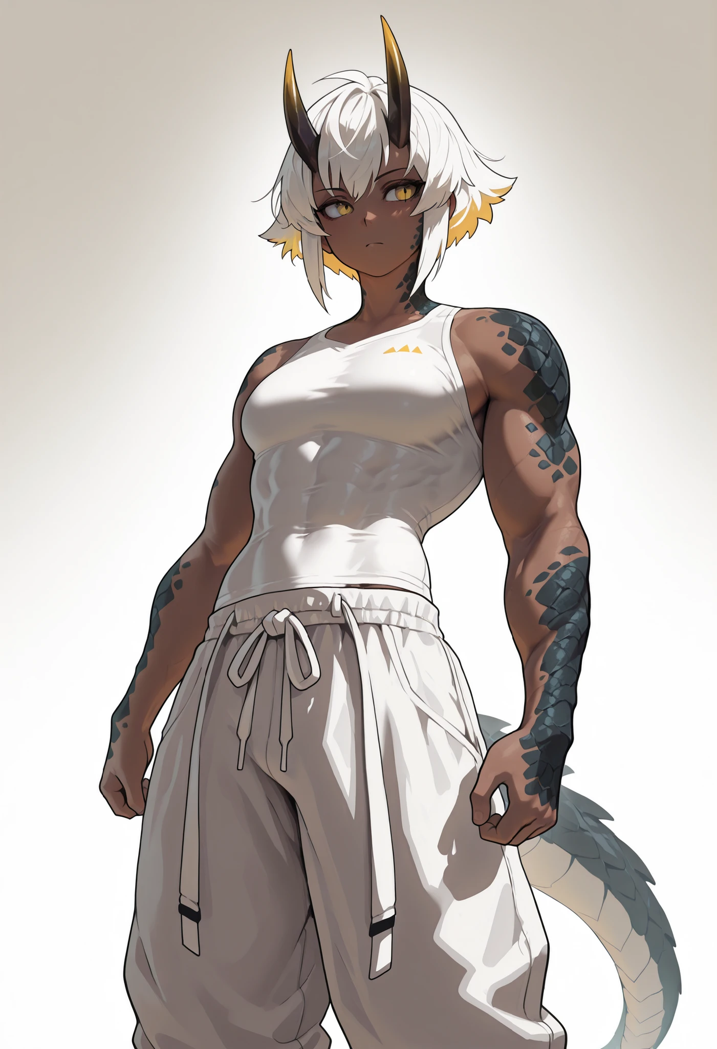 muscular creature, dark horns, yellow eyes, short spiky white hair, short hair, (baggy pants:1.3), pants, tight shirt, arms with scales, gradient scales from gray to white, scales on arms and legs, calm pose, athletic, dark skin tone, dynamic view BREAK background is simple and muted, with a gradient effect and soft, neutral tones.