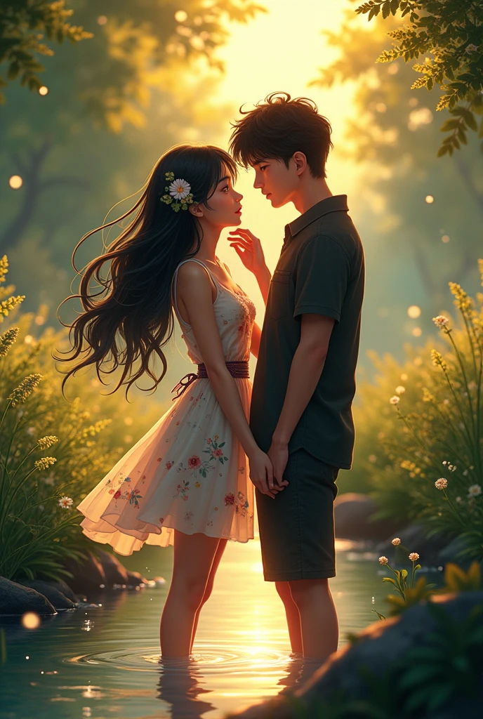 (best quality, 4k, 8k, high resolution, masterpiece: 1.2), ultra-detailed, realistic, portraits, beautiful, artistic, emerald, dense, abundant shadow, ethereal, vibrant, serene, tranquil, proud, masterpiece photo, REALISTIC IMAGE, tall and thin man, casual clothes, woman in a light yellow dress, fair skin, long brown hair, hugging tightly in a tree-lined square.