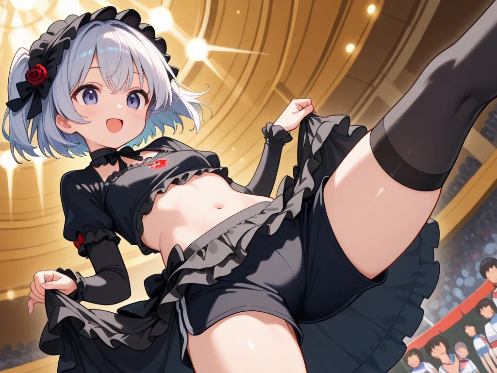 super high quality,amane kanata,Gothic Lolita,,whole body。short hair,standing on tiptoe,stretch your knees,playground equipment in the background,Angle from directly above,Nipples are visible when slouching。small breasts